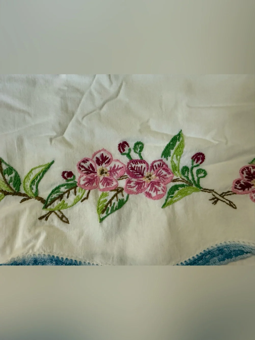 Pillowcase White with Pink Floral Embroidery Blue Trim OSB